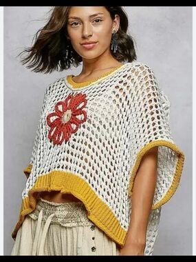 POL Open-Knit White Red Mustard Daisy Sweater with Mustard Trim and Red Flower